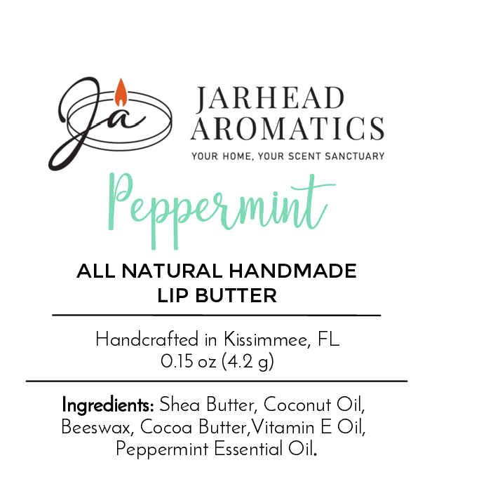 Lip Butter - All Natural by Jarhead Aromatics: handcrafted in Kissimmee, FL, 0.15 oz, made with shea butter, coconut oil, beeswax, cocoa butter, vitamin E & peppermint essential oil. Cruelty-free.