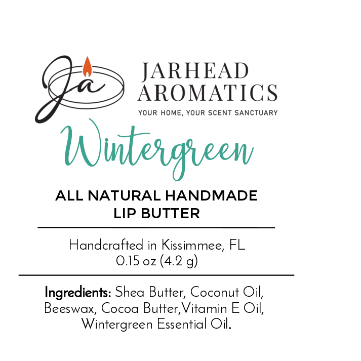 Jarhead Aromatics Lip Butter - All Natural features a cruelty-free formula with shea butter, coconut oil, beeswax, cocoa butter, vitamin E oil, and wintergreen essential oil.