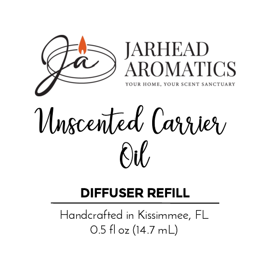 Jarhead Aromatics Unscented Carrier Oil - Cold Air Diffuser Refill, 0.5 fl oz (14.7 mL), handcrafted in Kissimmee, FL. No-water formula. Label features stylized Ja logo with a small flame above the a.