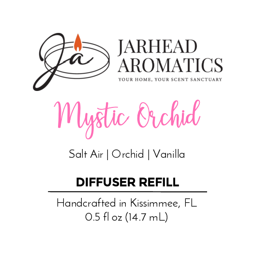Jarhead Aromatics Mystic Orchid - Cold Air Diffuser Refill blends exotic orchid, salt air, and vanilla. Handcrafted in Kissimmee, FL. Net contents: 0.5 fl oz (14.7 ml).