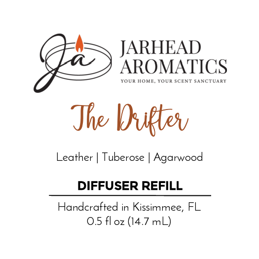 Product label for The Drifter - Cold Air Diffuser Refill by Jarhead Aromatics, featuring rugged leather, tuberose, and agarwood notes. Includes logo, 0.5 fl oz size, and states its handcrafted in Kissimmee, FL.
