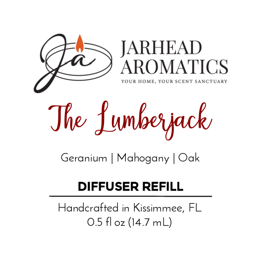 Jarhead Aromatics label for The Lumberjack - Cold Air Diffuser Refill, an earthy cedar and oak blend with lavender and geranium; handcrafted in Kissimmee, FL, 0.5 fl oz (14.7 mL). Logo and candle graphic at the top.