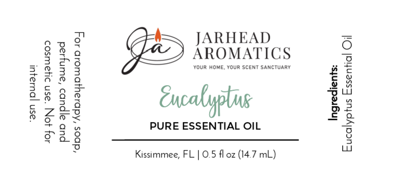 Label for Jarhead Aromatics Eucalyptus - Pure Essential Oil, 0.5 fl oz. Ideal for aromatherapy and skincare. Features usage instructions, ingredients list, decorative text, and logo at the top. Made in Kissimmee, FL.