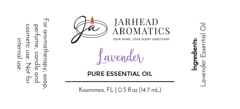 A product label for Jarhead Aromatics Lavender - Pure Essential Oil, 0.5 fl oz (14.7 mL), ideal for aromatherapy and skincare, features usage instructions on the left and Lavender Essential Oil as the ingredient on the right.