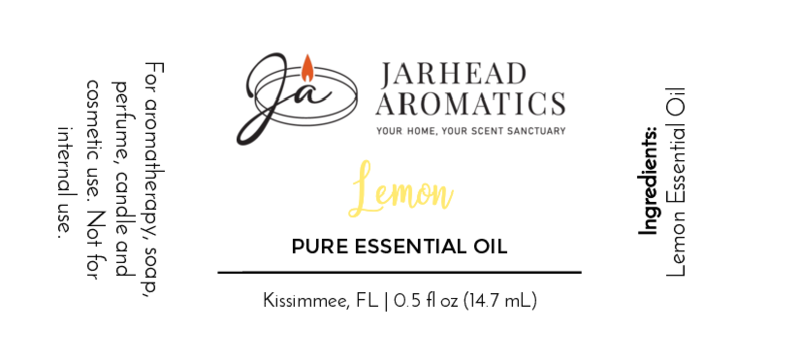 Jarhead Aromatics Lemon - Pure Essential Oil, 0.5 fl oz (14.7 mL), for aromatherapy and skincare. Includes usage instructions, ingredient: lemon essential oil. Made in Kissimmee, FL.