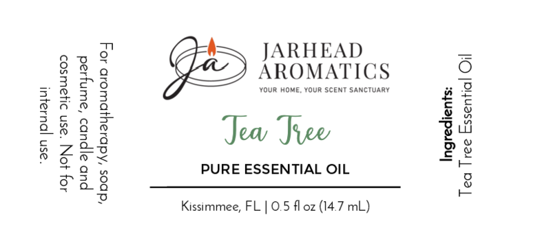 Jarhead Aromatics Tea Tree - Pure Essential Oil, 0.5 fl oz. Perfect for aromatherapy, skincare, soap, perfume, candle, and cosmetic use. Not for internal use. Ingredients: Tea Tree Essential Oil. Pair with Lavender oil for a unique blend.