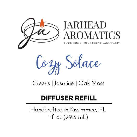 Jarhead Aromatics Cozy Solace Car Diffuser Refill from the Fall Collection features fresh greens, jasmine, and oak moss scent notes; handcrafted in Kissimmee, FL; 1 fl oz (29.5 mL).