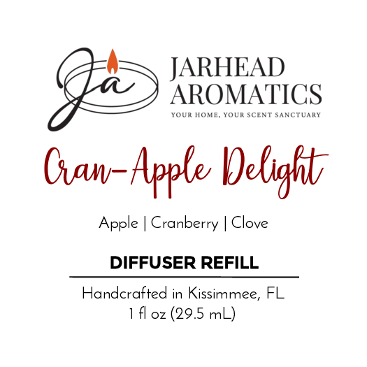 Jarhead Aromatics Cran-Apple Delight Car Diffuser Refill from the Fall Collection features a gourmand blend of apple, cranberry, and clove. Handcrafted in Kissimmee, FL. Contains 1 fl oz (29.5 mL).