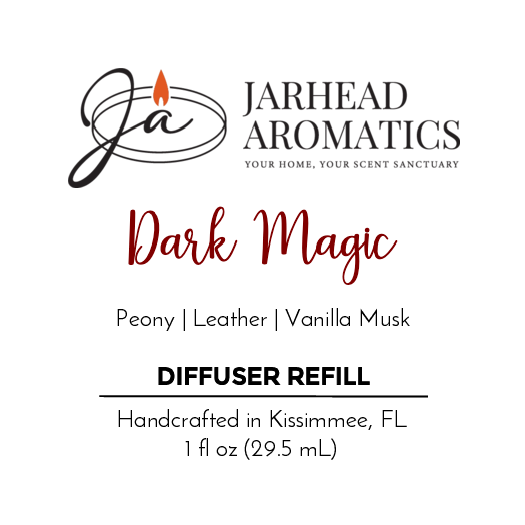 Jarhead Aromatics Dark Magic - Car Diffuser Refill (Halloween Collection) features peony, leather, and vanilla musk. Handcrafted in Kissimmee, FL. 1 fl oz (29.5 mL). Experience the allure of Dark Magic.