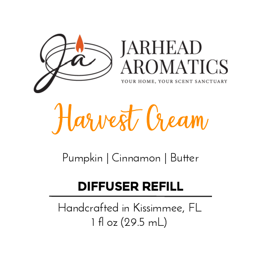 Jarhead Aromatics Harvest Cream Car Diffuser Refill—Fall Collection. Enjoy a pumpkin spice, cinnamon, and butter scent crafted with essential oils in Kissimmee, FL. Contains 1 fl oz (29.5 mL).