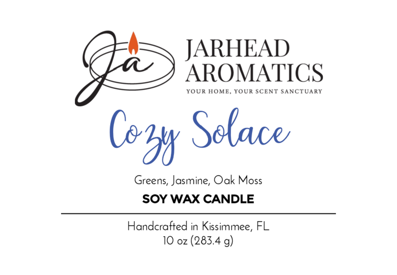 Jarhead Aromatics Cozy Solace Soy Wax Candle, Fall Collection: features fresh greens, jasmine, and oak moss. Handcrafted in Kissimmee, FL. Net wt 10 oz (283.4 g).