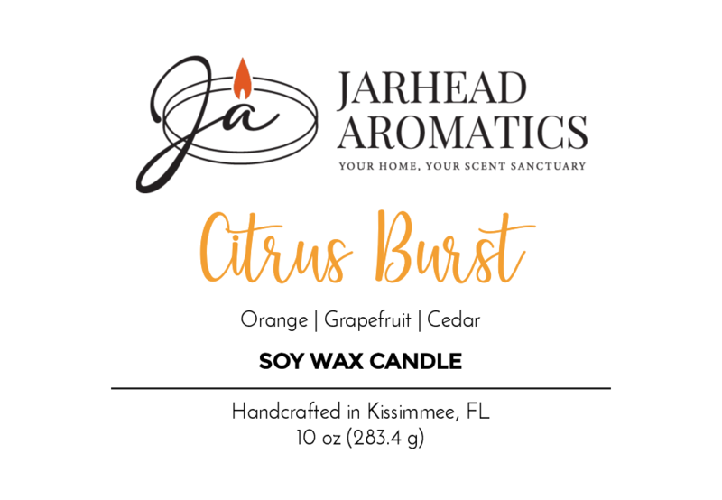 Jarhead Aromatics Citrus Burst Soy Wax Candle, handcrafted in Kissimmee, FL, features orange, grapefruit, and cedar fragrance oils. Net wt: 10 oz (283.4 g).