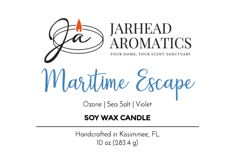 Jarhead Aromatics Maritime Escape Soy Wax Candle, 10 oz (283.4 g), features floral aromas with ozone, sea salt, and violet notes; handcrafted in Kissimmee, FL.