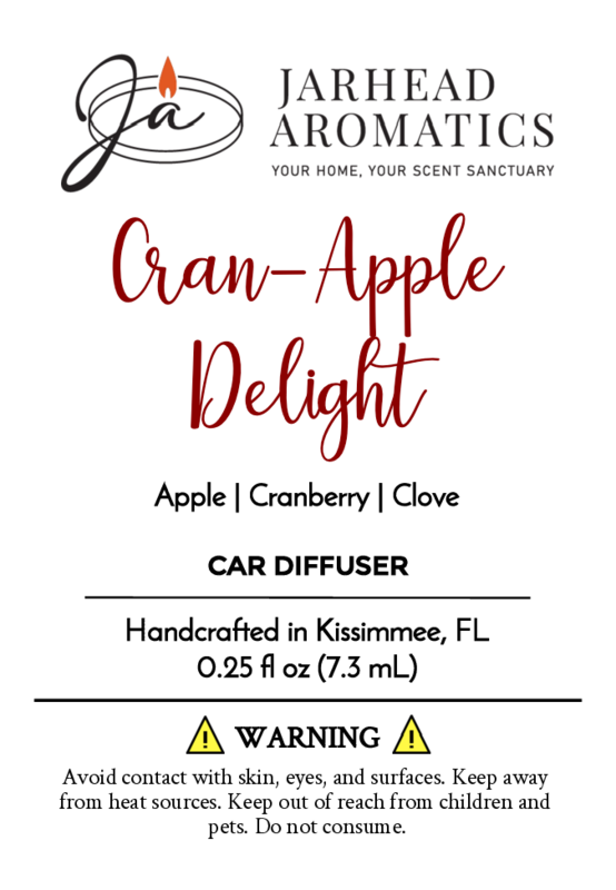 Label for Jarhead Aromatics Cran-Apple Delight - Car Diffuser (Fall Collection) with apple, cranberry & clove fragrance. Warning: Avoid contact with skin, eyes & surfaces. Keep away from children & pets.