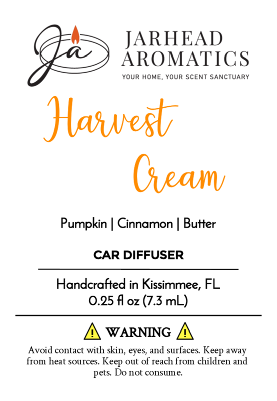 A product label for Jarhead Aromatics’ Fall Collection “Harvest Cream” car diffuser highlights its warm pumpkin spice scent with cinnamon and butter. Black and orange text features warnings and product details.