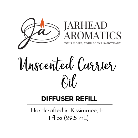 Label for Jarhead Aromatics Unscented Carrier Oil - Car Diffuser Refill, handcrafted in Kissimmee, FL, 1 fl oz (29.5 mL), with brand logo and tagline “Your home, your scent sanctuary.” No-water formula—perfect for essential oils.