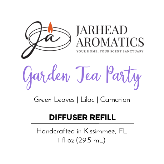 Jarhead Aromatics Garden Tea Party Car Diffuser Refill: lush notes of green leaves, lilac, and carnation. Handcrafted in Kissimmee, FL. 1 fl oz (29.5 mL) fragrance oil refill.