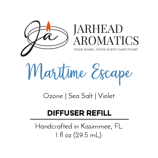 Jarhead Aromatics Maritime Escape Car Diffuser Refill features natural essential oils with ozone, sea salt, and violet notes. Handcrafted in Kissimmee, FL, it delivers a clean aroma in a 1 fl oz (29.5 mL) bottle.