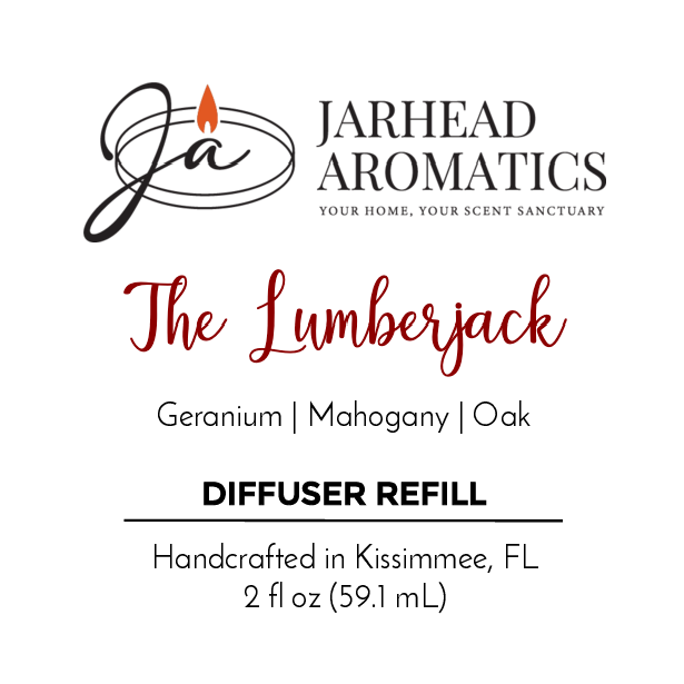 Jarhead Aromatics The Lumberjack - Diffuser Refill features a rugged outdoors scent of geranium, mahogany, and oak. Handcrafted in Kissimmee, FL. 2 fl oz (59.1 mL).