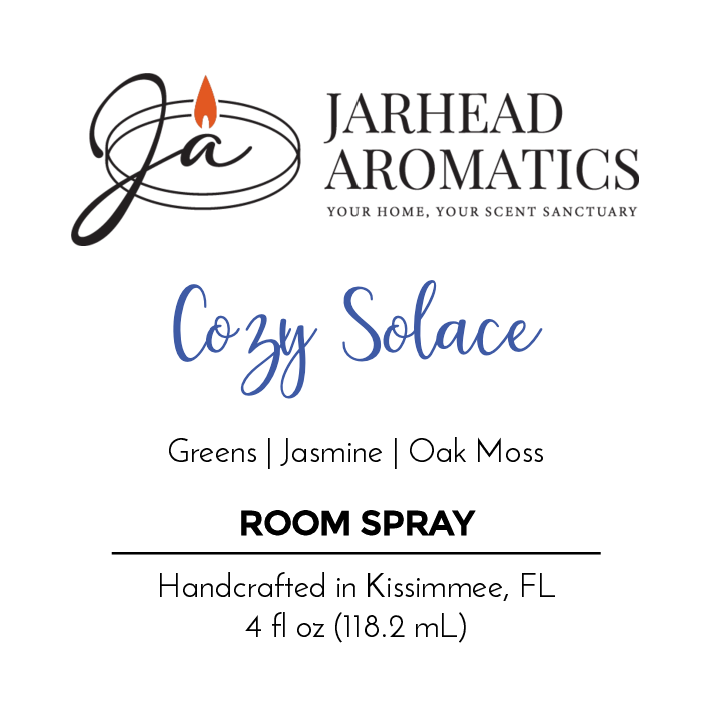 Jarhead Aromatics Cozy Solace Room Spray – Fall Collection. Features fresh greens, jasmine, and oak moss. Handcrafted in Kissimmee, FL. 4 fl oz (118.2 mL).