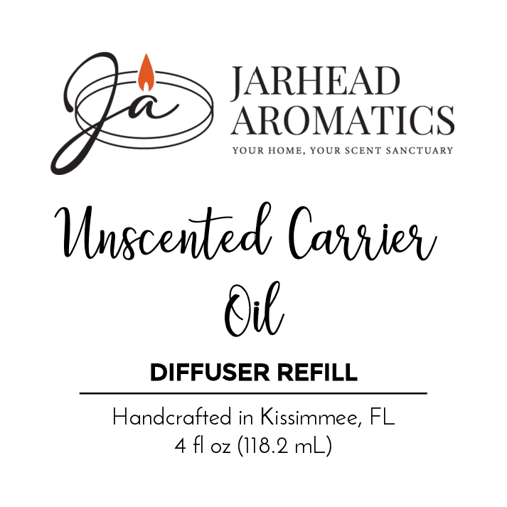 Jarhead Aromatics Unscented Carrier Oil - Diffuser Refill, 4 fl oz (118.2 mL), handcrafted in Kissimmee, FL. Ideal for blending with essential oils. White label with flame logo and product details.