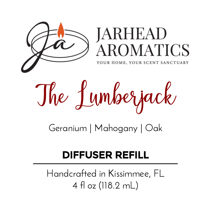 Jarhead Aromatics’ The Lumberjack - Diffuser Refill features an outdoor-inspired blend of geranium, mahogany, and oak; handcrafted in Kissimmee, FL. Contains 4 fl oz (118.2 mL).