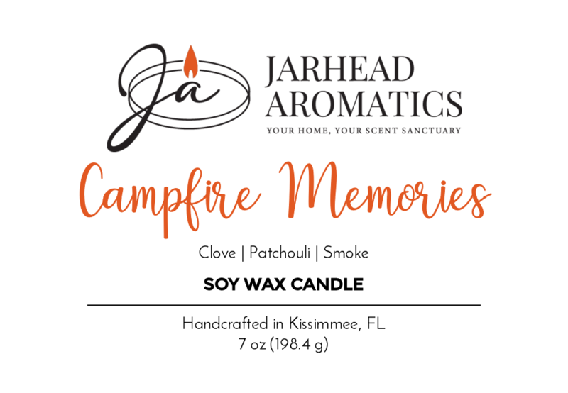 Label for Campfire Memories - Soy Wax Candle (Fall Collection) by Jarhead Aromatics, featuring clove, patchouli, and smoke for a rich campfire scent. Handcrafted in Kissimmee, FL with natural essential oils. Net wt 7 oz (198.4 g).