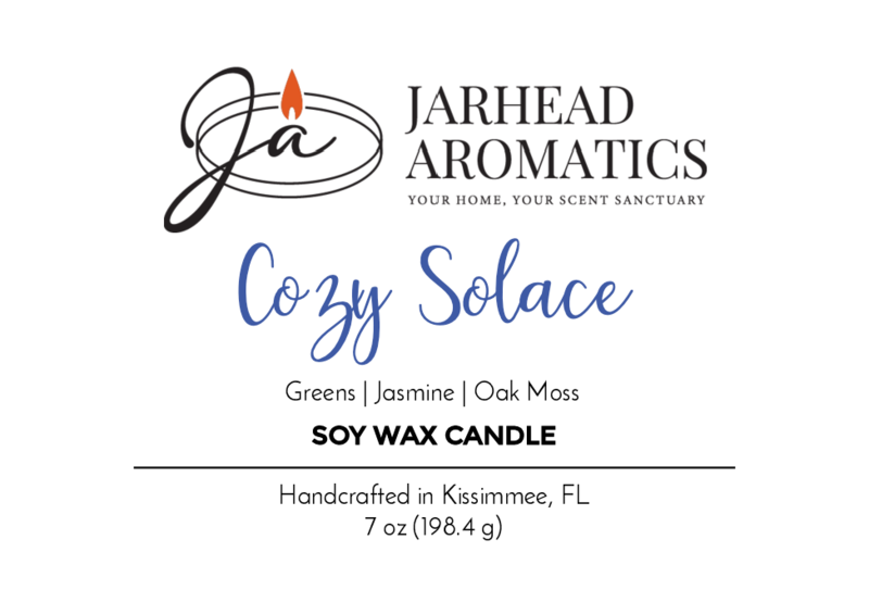 Jarhead Aromatics Cozy Solace - Soy Wax Candle (Fall Collection) features fresh greens, jasmine, and warm oak moss scent notes. Handcrafted in Kissimmee, FL. Net wt: 7 oz (198.4 g).