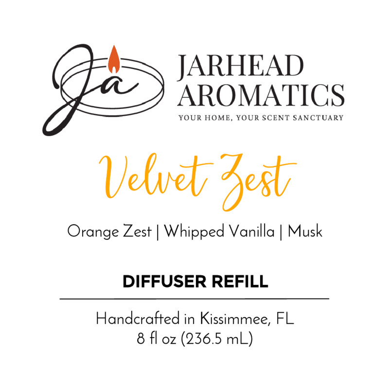 Jarhead Aromatics Velvet Zest - Diffuser Refill features notes of orange zest, whipped vanilla, musk, and a hint of woodsy floral. Made with essential oils and handcrafted in Kissimmee, FL. 8 fl oz (236.5 mL).