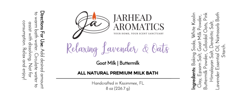 Jarhead Aromatics Lavender & Oats Milk Bath - Goat Milk & Buttermilk - All Natural: label features ingredients like goat milk, buttermilk, and lavender, instructions, product details, and the brand logo at the top center.