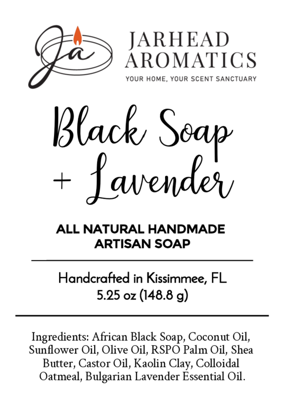 Jarhead Aromatics Black Soap + Lavender Handmade Artisan Soap โ All Natural, 5.25 oz, crafted in Kissimmee, FL. Features ingredients list and company logo on the label.