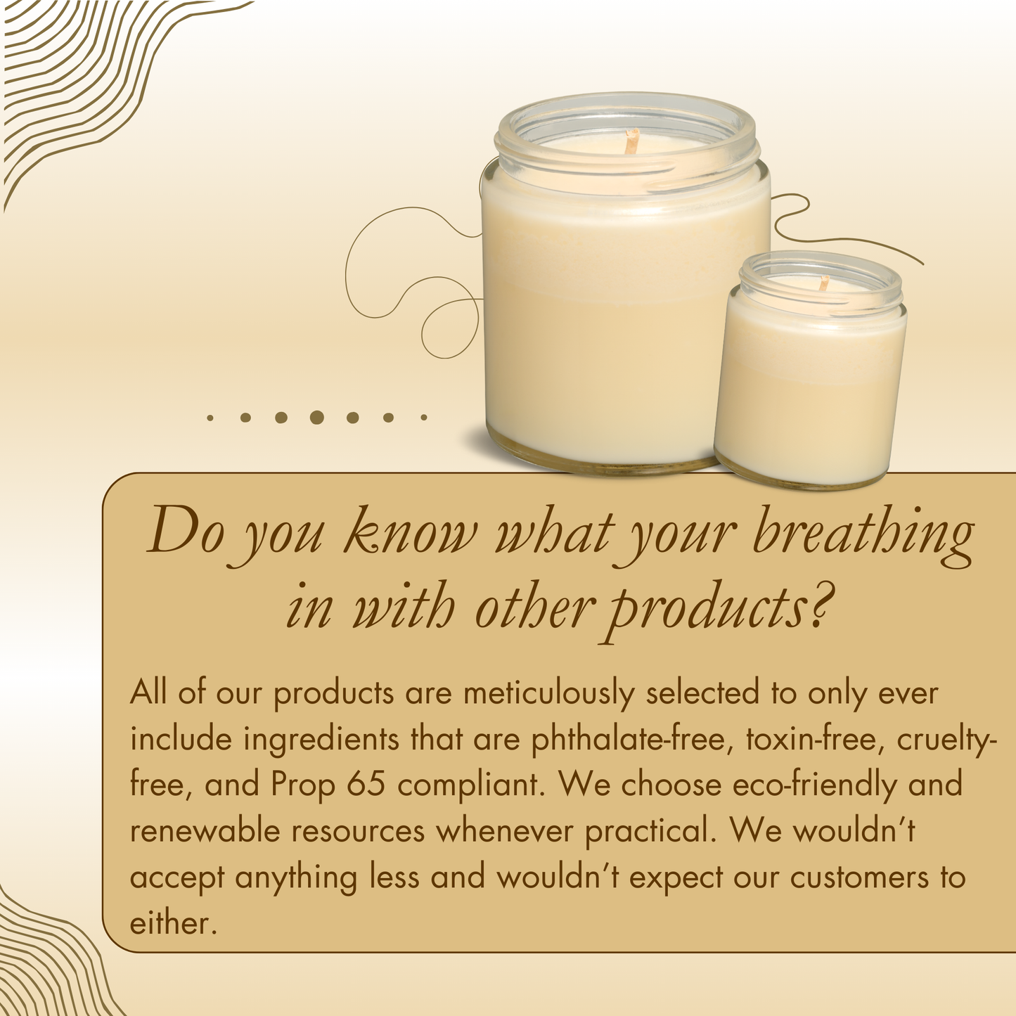 Two beige candles in glass jars sit on a soft gradient background with abstract lines. Text reads: Do you know what youre breathing in with other products? highlighting eco-friendly, toxin-free ingredients ideal for Jarhead Aromatics Holiday Hearth - Soy Wax Melt collection.