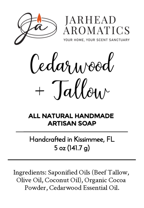 Jarhead Aromatics Cedarwood + Tallow Handmade Artisan Soapโan all-natural, handcrafted bar from Kissimmee, FL. Made with beef tallow, nourishing oils, cocoa powder & pure cedarwood essential oil for a rich, earthy cleanse.