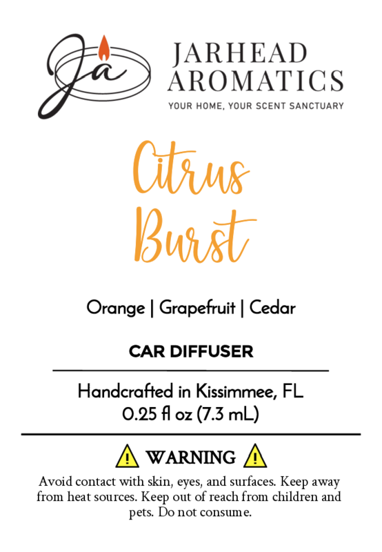 Jarhead Aromatics Citrus Burst - Car Diffuser label with orange, grapefruit, cedar, and fragrance oil scents. Handcrafted in Kissimmee, FL. Includes usage warnings; net volume 0.25 fl oz.