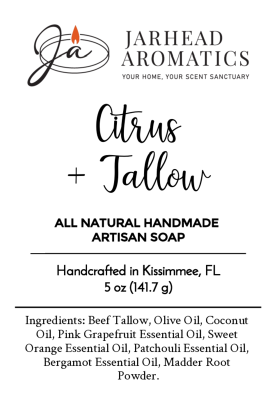 Jarhead Aromatics Citrus + Tallow Handmade Artisan Soap - All Natural is crafted in Kissimmee, FL with natural oils, essential oils, and grass-fed beef tallow. Available in a 5 oz (141.7 g) bar with full ingredients listed on the label.