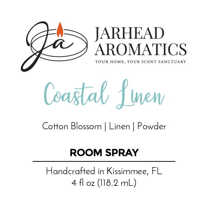 Jarhead Aromatics Coastal Linen Room Spray: Features Cotton Blossom, Linen, and Powder notes with essential oils for a serene coastal retreat. Handcrafted in Kissimmee, FL. 4 fl oz (118.2 mL). Logo and slogan: Your Home, Your Scent Sanctuary.