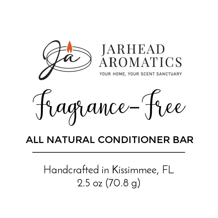 A product label for Jarhead Aromatics Fragrance-Free Handmade Conditioner Bar โ All Natural, a zero-waste hair care essential handcrafted in Kissimmee, FL, net wt. 2.5 oz (70.8 g). The logo displays a flame above a cursive Ja.