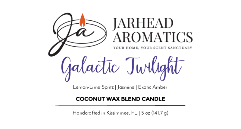 Galactic Twilight - Coconut Wax Blend Candle from Jarhead Aromatics features lemon-lime spritz, sandalwood jasmine, and exotic amber scents. Handcrafted in Kissimmee, FL. Part of the Timeless Collection. 5 oz (141.7 g).