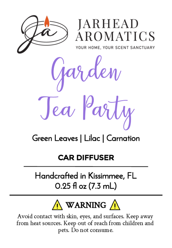 Garden Tea Party Car Diffuser by Jarhead Aromatics features notes of green leaves, lilac, and carnation with a hint of essential oil. Handcrafted in Kissimmee, FL. Avoid contact; keep away from children and pets.