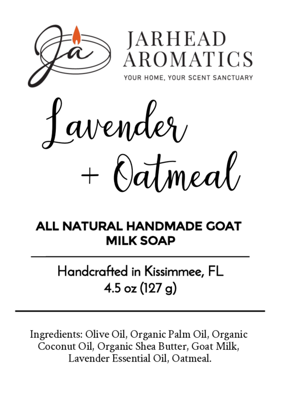 Product label for Jarhead Aromatics Lavender + Oatmeal Handmade Goat Milk Soap: All Natural, infused with soothing lavender essential oil. Crafted in Kissimmee, FL. 4.5 oz (127 g). Made with olive oil, coconut oil, shea butter, goat milk.