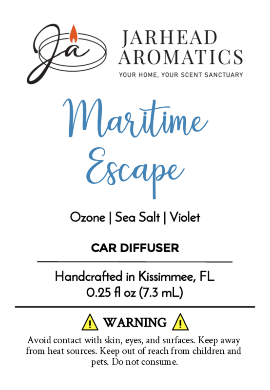 Jarhead Aromatics Maritime Escape Car Diffuser: 0.25 fl oz, made with natural essential oils in Kissimmee, FL. Features ozone, sea salt, violet, and citrus notes. Includes product details and safety warnings.