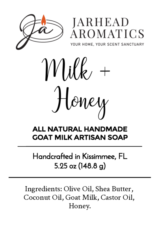 Jarhead Aromatics Milk + Honey Handmade Artisan Soap is an all-natural exfoliating soap made with goat milk, shea butter, honey, olive oil, coconut oil, and castor oil. Net wt 5.25 oz. Made in Kissimmee, FL.