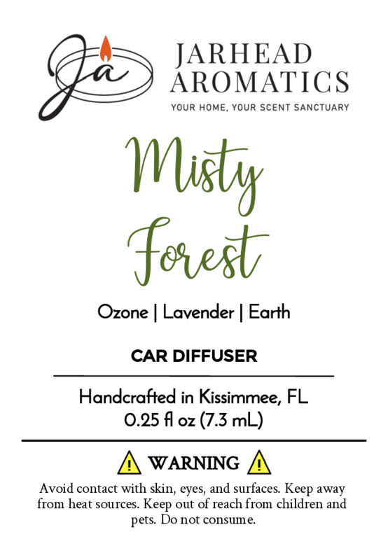 Jarhead Aromatics Misty Forest Car Diffuser, handcrafted in Kissimmee, FL. Ozonic aroma with lavender and earth notes. Contains essential oils, 0.25 fl oz. Safety warnings included on label bottom.