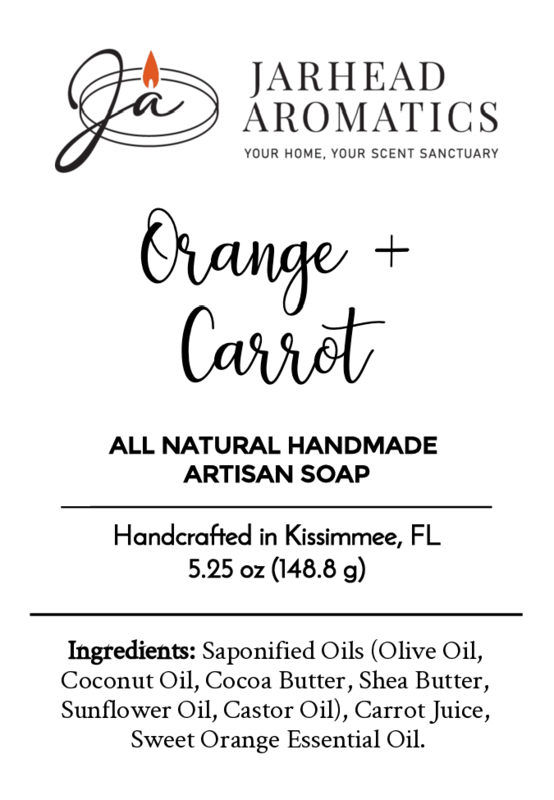 Jarhead Aromatics Orange + Carrot Handmade Artisan Soap is all natural and crafted with oils, butters, carrot juice, and sweet orange essential oil. This cold process soap weighs 5.25 oz (148.8 g).