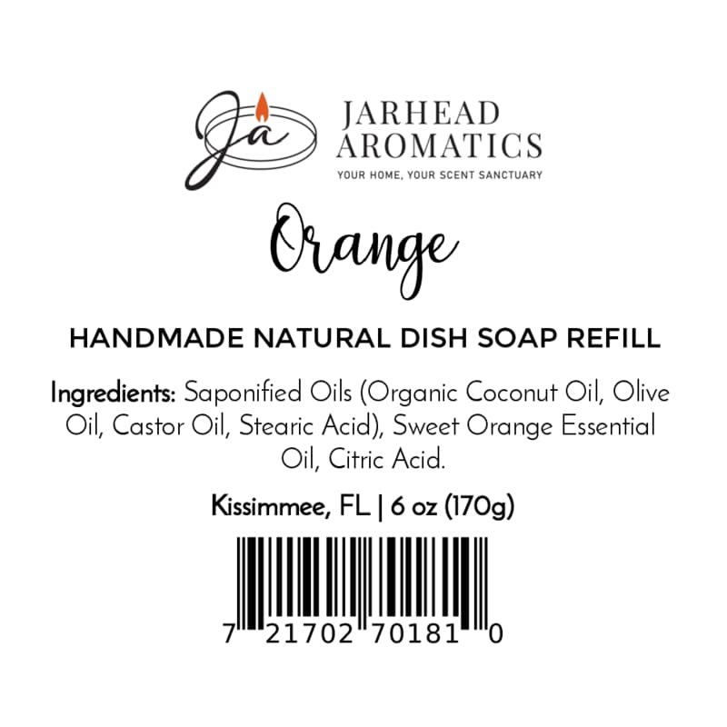 Label for Jarhead Aromatics Orange Handmade Natural Solid Dish Soap | Citrus Kitchen Cleaning Bar with Essential Oils. Featuring our plant-based, orange handmade solid dish soap for effective and natural kitchen cleaning. Ingredients listed. Net Weight: 6 oz (170g). Made in Kissimmee, FL. Barcode included at the bottom.