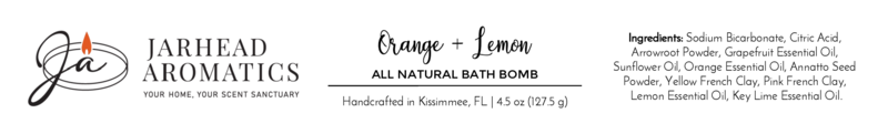 A label for Jarhead Aromatics Orange + Lemon Bath Bomb - All Natural, with logo, 4.25 oz weight, and ingredients list of essential oils and natural powdersโenjoy a truly natural bath bomb experience.