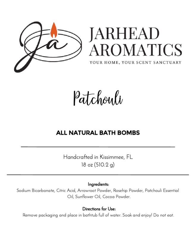 Label for Jarhead Aromatics Patchouli Bath Bomb - All Natural, crafted in Kissimmee, FL, with a flame icon logo and the slogan Your Home, Your Scent Sanctuary, highlighting natural ingredients for an aromatic experience.