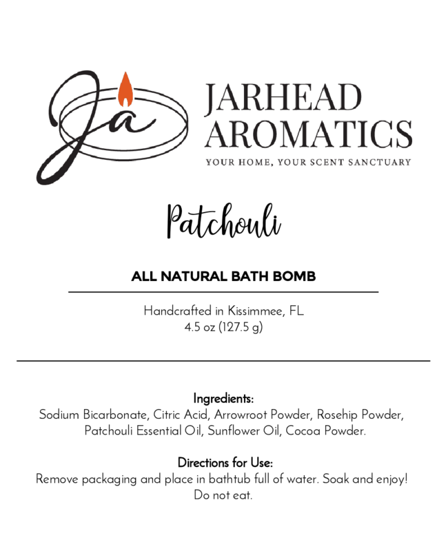 Discover the Patchouli Bath Bomb by Jarhead Aromatics, handmade in Kissimmee, FL. This 4.5 oz (127.5 g) all-natural bath bomb is infused with patchouli essential oil for a soothing bath experience. Follow the simple instructions for optimal relaxation.