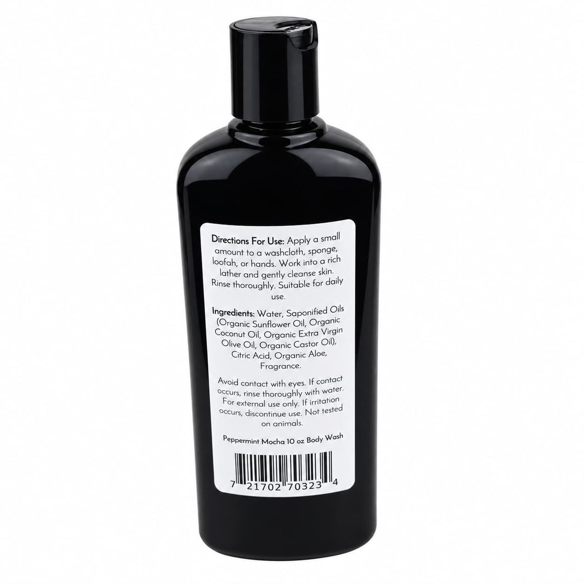 Black plastic bottle of Jarhead Aromatics Peppermint Mocha Handmade Body Wash showing the product label with directions, ingredients, and a barcode on the back.