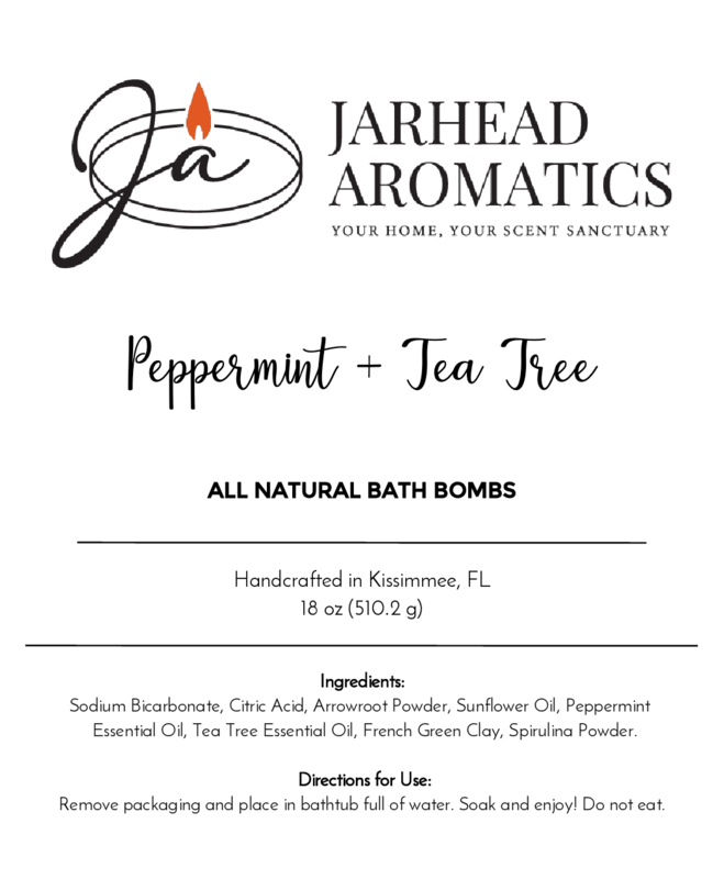Label for Jarhead Aromatics Peppermint + Tea Tree Bath Bomb - All Natural. Includes logo, description, ingredients, and instructions. Handmade in Kissimmee, FL.